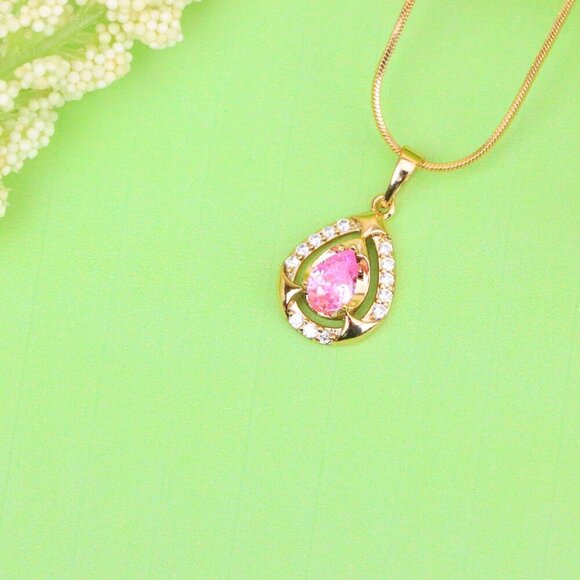 "Teardrop Pink Stone Pendant with Sparkling Accents in Gold Finish, XPPT1799 - Picture 2 of 13